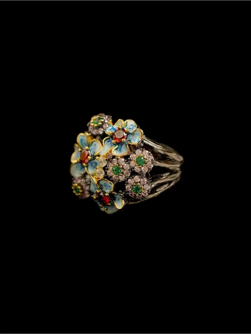 Vintage Blue Floral Cluster Statement Ring - Women Jewelry